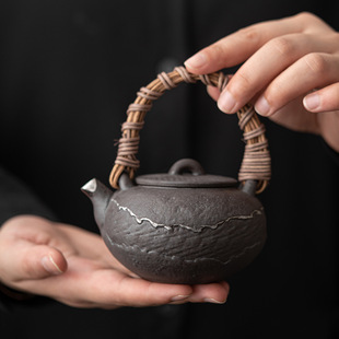 老岩泥 复古粗陶藤编茶壶家用功夫茶具泡茶器 慕古提梁壶 日式