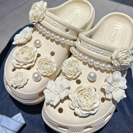 洞洞鞋配饰鞋花鞋扣高级感立体杜鹃花珍珠链条可拆卸适配crocs