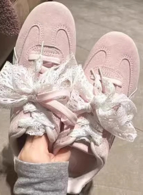 适配粉色puma赛车鞋德训鞋白色蕾丝丝绸鞋带芭蕾风珍珠鞋扣配饰