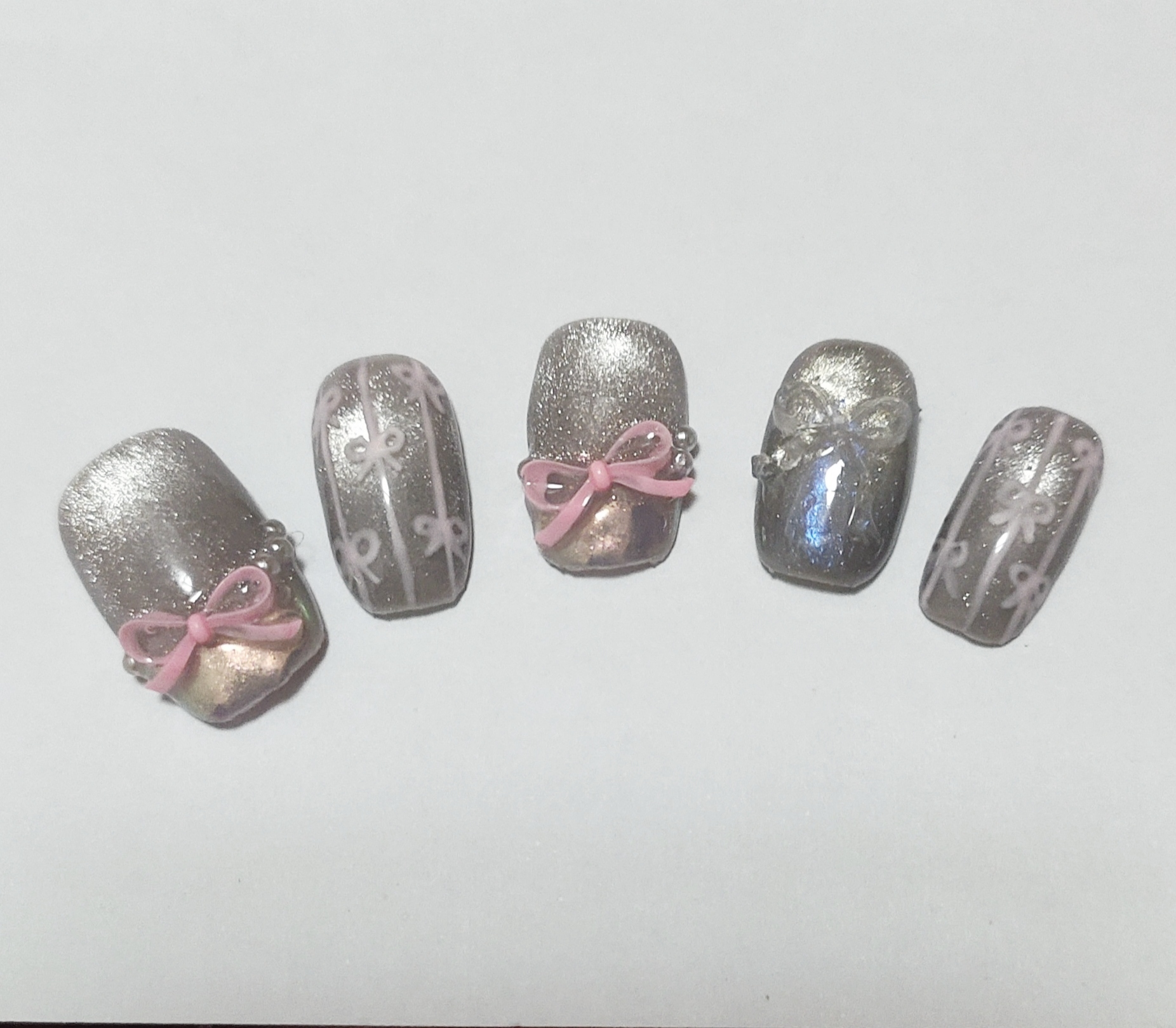 蝴蝶结美甲猫眼光疗手工成品穿戴式甲片可爱萝莉贴片