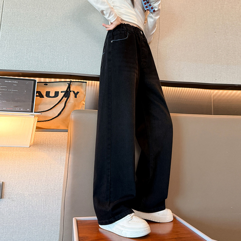黑色直筒牛仔裤女童松紧腰宽松休闲长裤学生裤子,童装/婴儿装/亲子装,裤子,淘宝优惠券,粉丝福利购,淘宝优惠卷