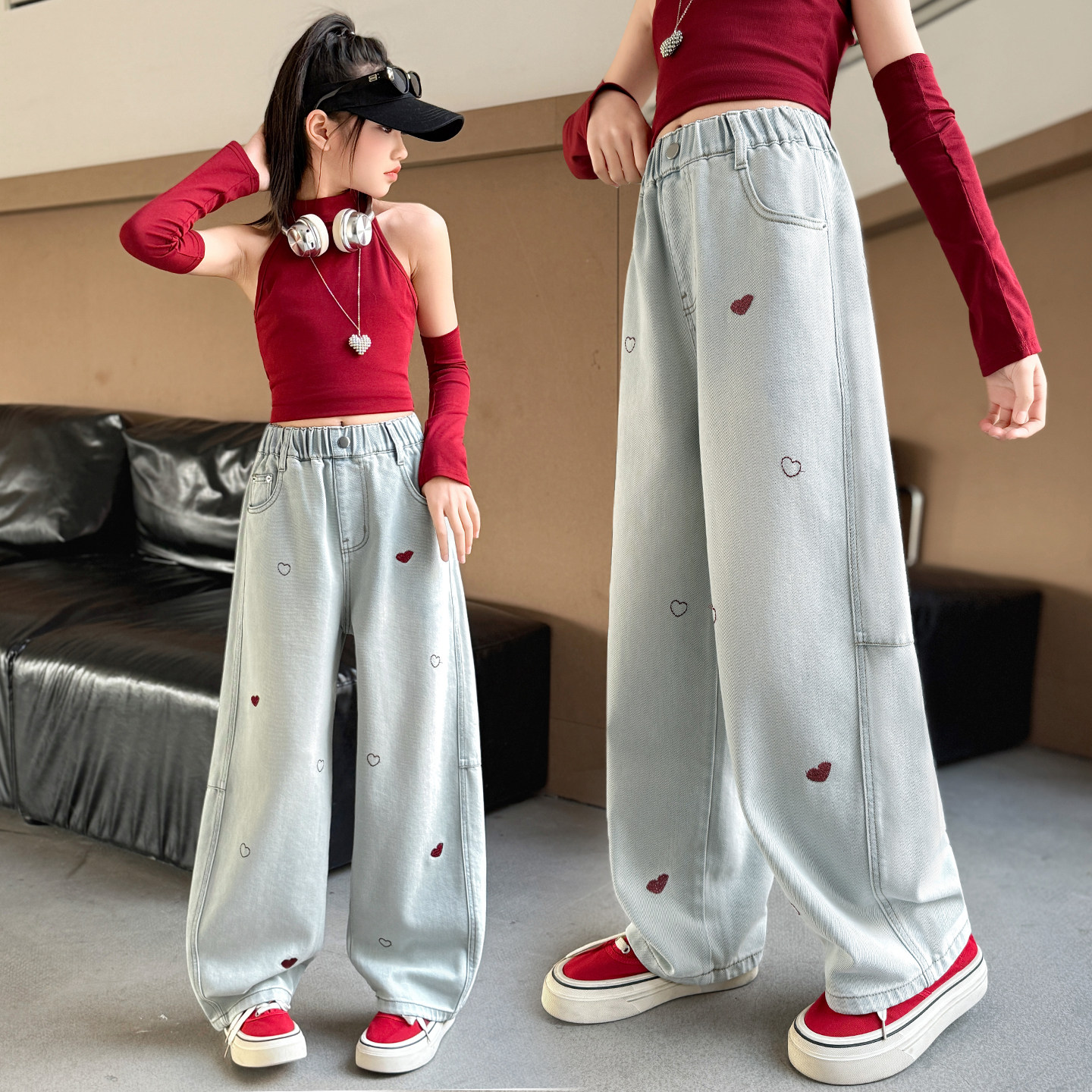 女童爱心刺绣牛仔裤春秋2026新款韩版中大童时尚洋气阔腿裤,童装/婴儿装/亲子装,裤子,淘宝优惠券,粉丝福利购,淘宝优惠卷