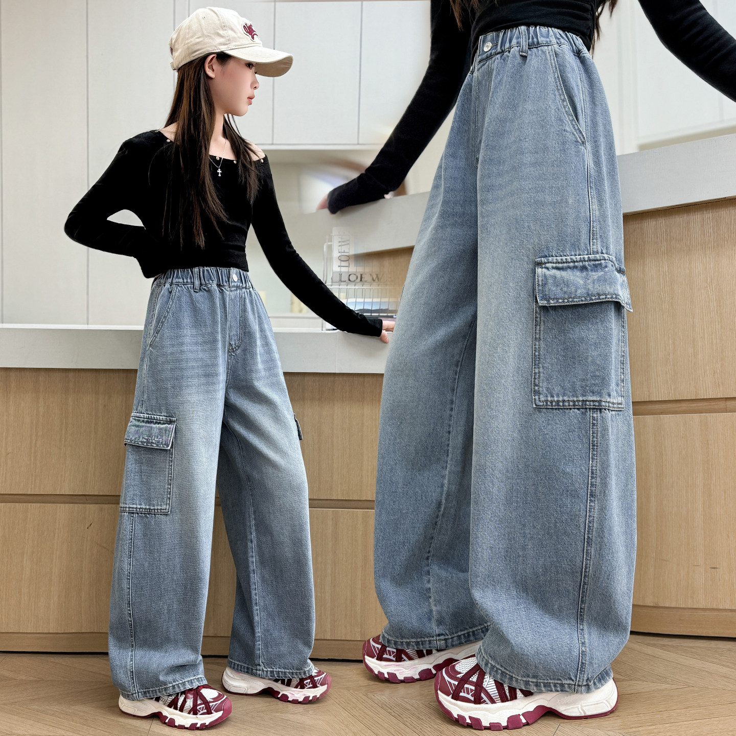 女童工装牛仔裤春秋2026新款韩版洋气宽松阔腿长裤松紧腰,童装/婴儿装/亲子装,裤子,淘宝优惠券,粉丝福利购,淘宝优惠卷