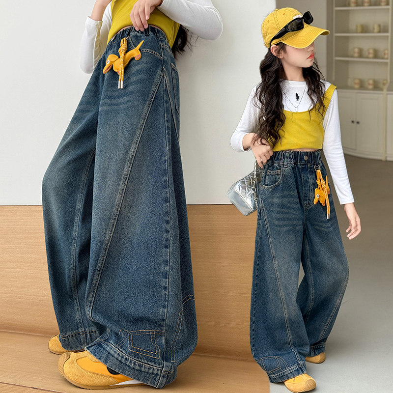 女童春秋松紧腰直筒牛仔裤2026新款中大童宽松阔腿弯刀裤洋气长裤,童装/婴儿装/亲子装,裤子,淘宝优惠券,粉丝福利购,淘宝优惠卷