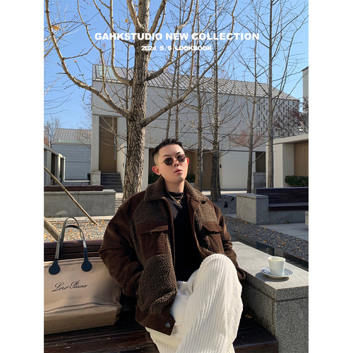 GAHKSTUDIO 25秋冬新款老钱风帅哥氛围 设计师款羊羔毛拼接夹克