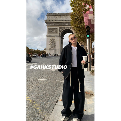 GAHKSTUDIO24秋冬新款设计款加厚轮廓黑色卫衣套装