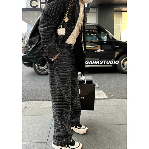 小香风粗花呢西裤宽松显腿长