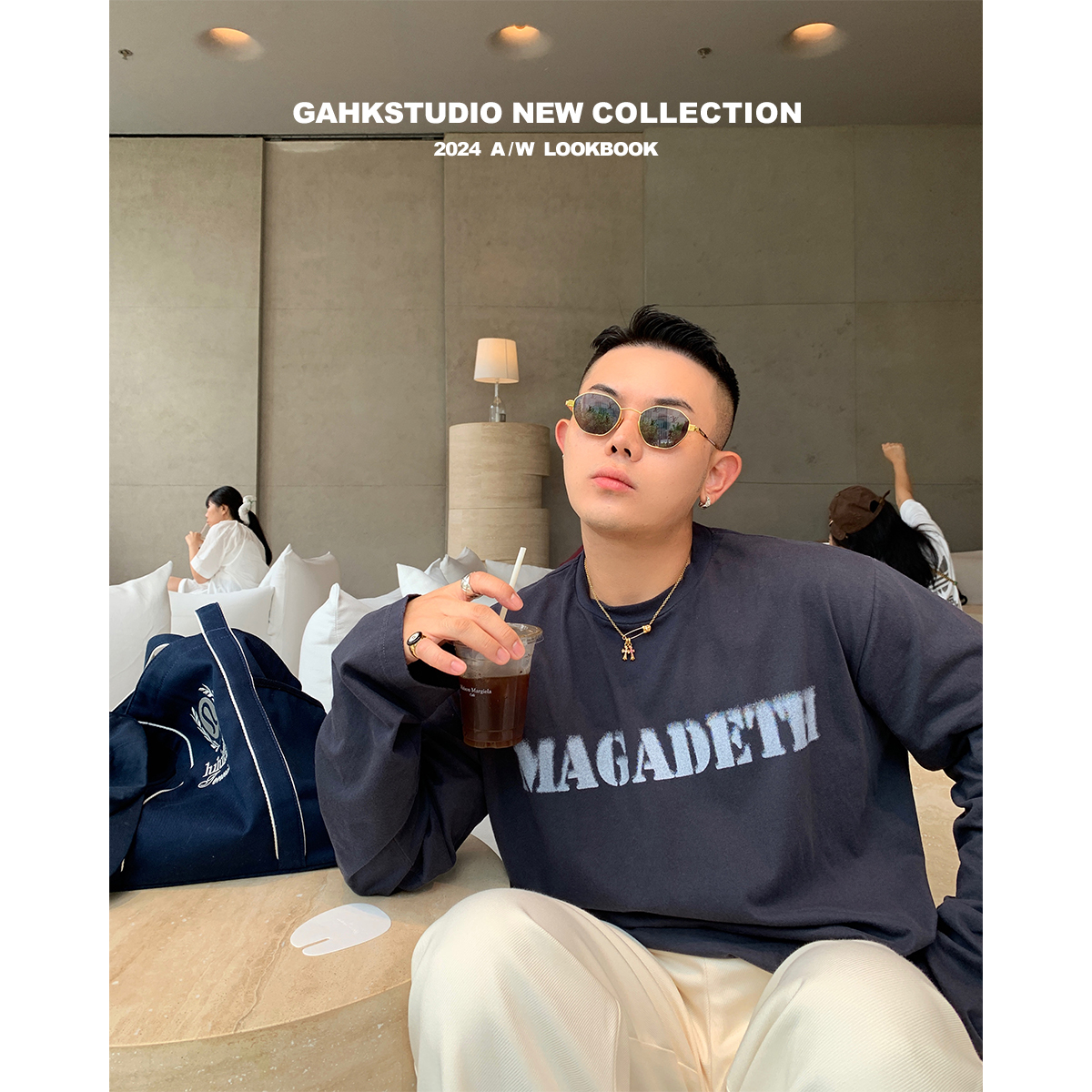 GAHKSTUDIO X MAGADETH合作款巴黎做旧风水洗T恤 特殊定染蓝黑色