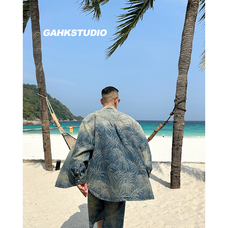 西海岸提花沙滩牛仔衬衫