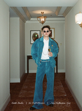 GAHKSTUDIO店主私服大秀款 定染做旧玛瑙蓝灯芯绒小香风贵气套装