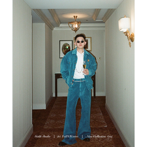 GAHKSTUDIO店主私服大秀款 定染做旧玛瑙蓝灯芯绒小香风贵气套装