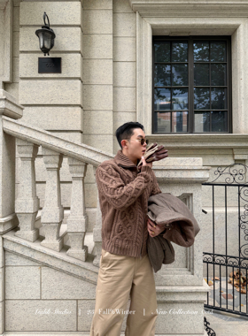 GAHKSTUDIO 25秋冬新款意式老钱粗线针织毛衣开衫加厚外套含羊毛