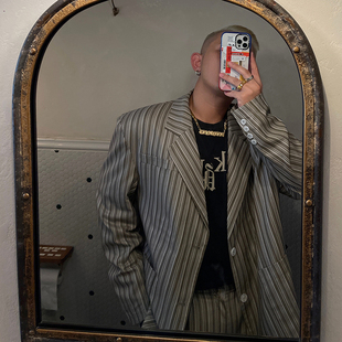 「现货售完不补」PRE FALL 韩国设计师宽松高级大牌条纹垫肩西装