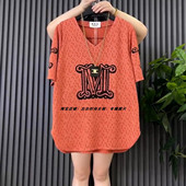 v领字母短袖 2025夏季 加肥加大码 洋气女韩版 T恤宽松百搭显瘦潮 时尚