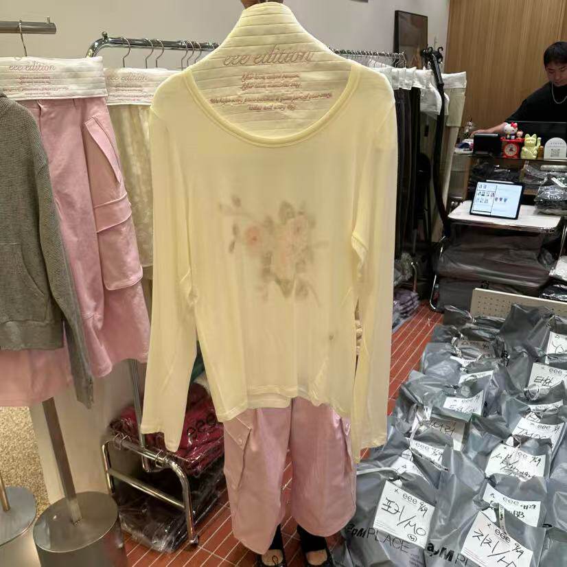 一件包邮lulu韩国代购 eee 复古浪漫花朵印花时髦百搭时尚长袖T恤