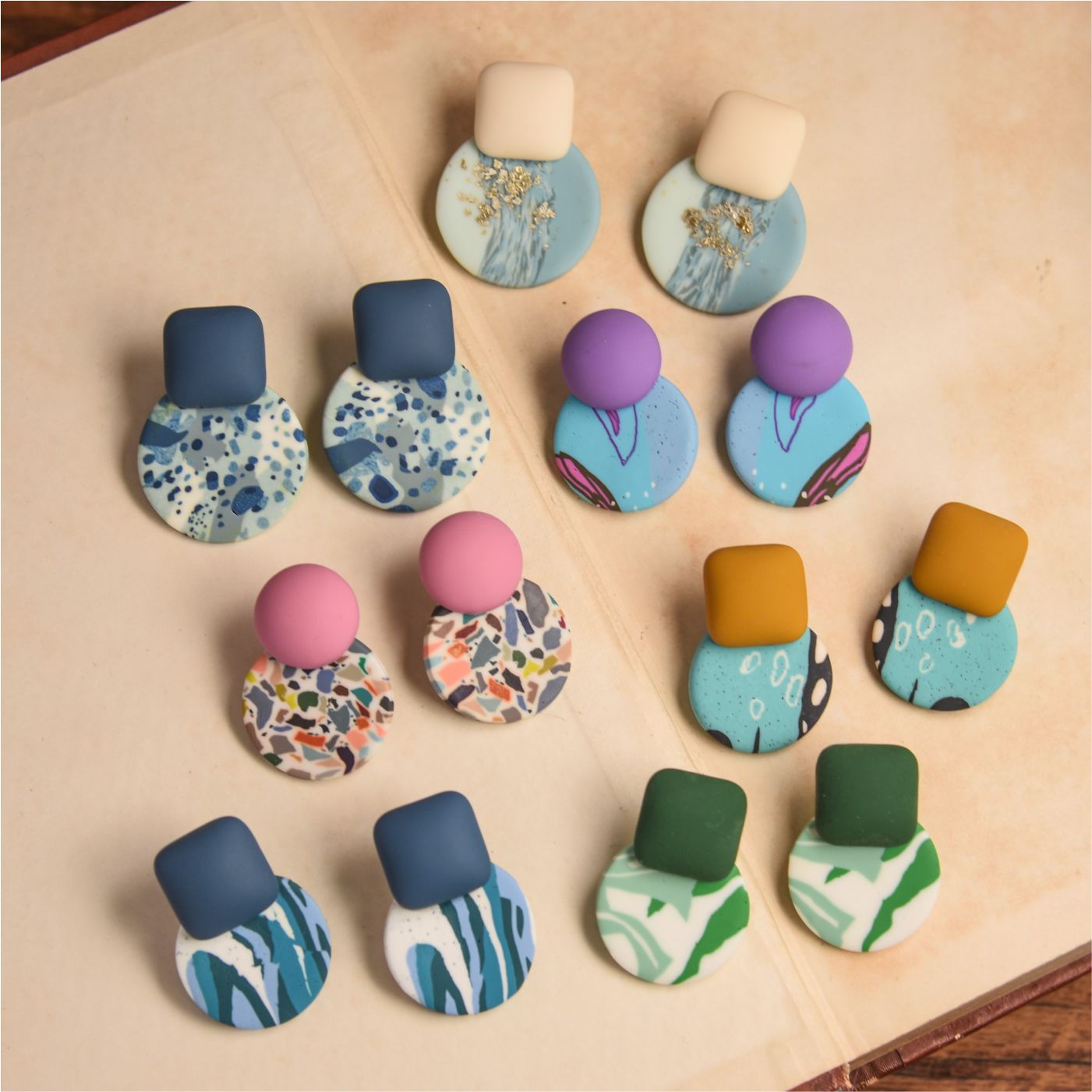 圆形可爱几何图案手工耳环聚合物