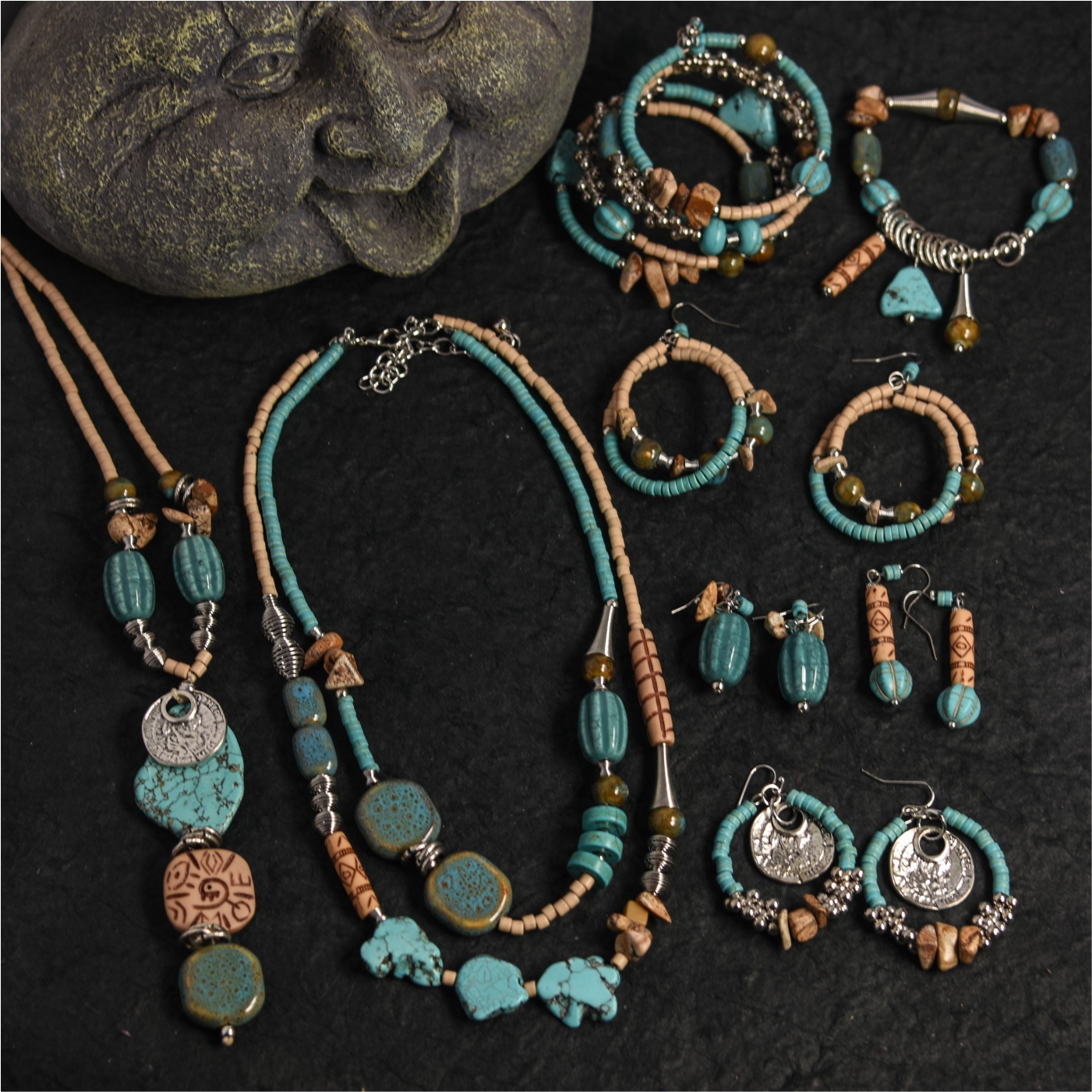 拨雪寻春，烧灯续昼。绿松石波西米亚秋冬耳环项链套装旅拍度假