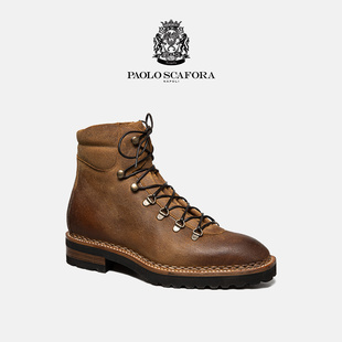 美勋意大利PaoloScafora手工皮靴男棕色系带马丁靴挪威缝高帮防水