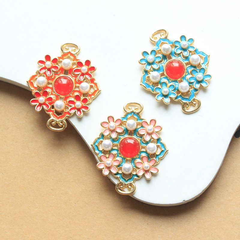 合金双吊菱形镶仿珍珠梅花花片手工diy发簪头饰凤冠饰品配件材料