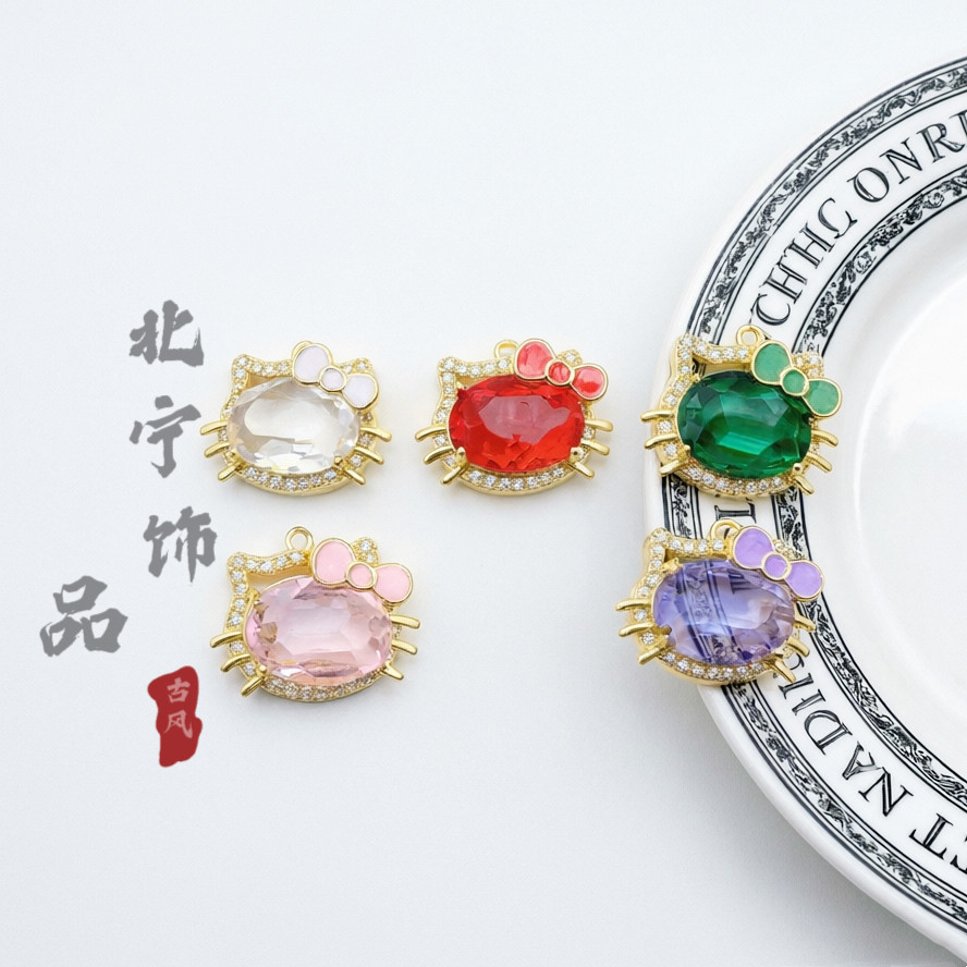 17-21mm铜保色镶锆石KT猫滴油蝴蝶结吊坠手工diy手链饰品配件材料