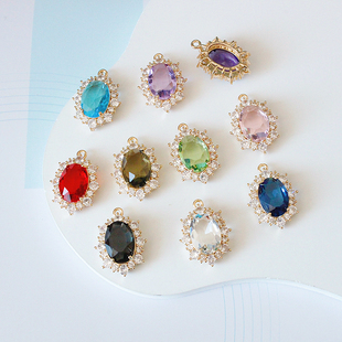 DIY铜铸微镶锆石稀土玻璃大椭圆形单吊坠子diy项链锁骨链坠子配件