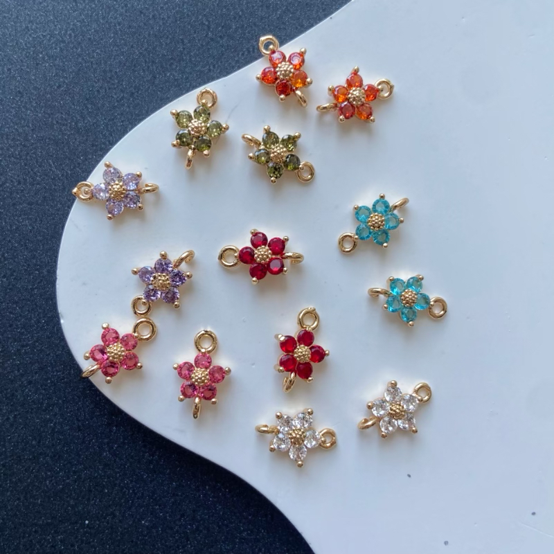 DIY铜镀保色小五瓣花朵双吊锆石吊坠diy手链项链挂坠耳饰品配件