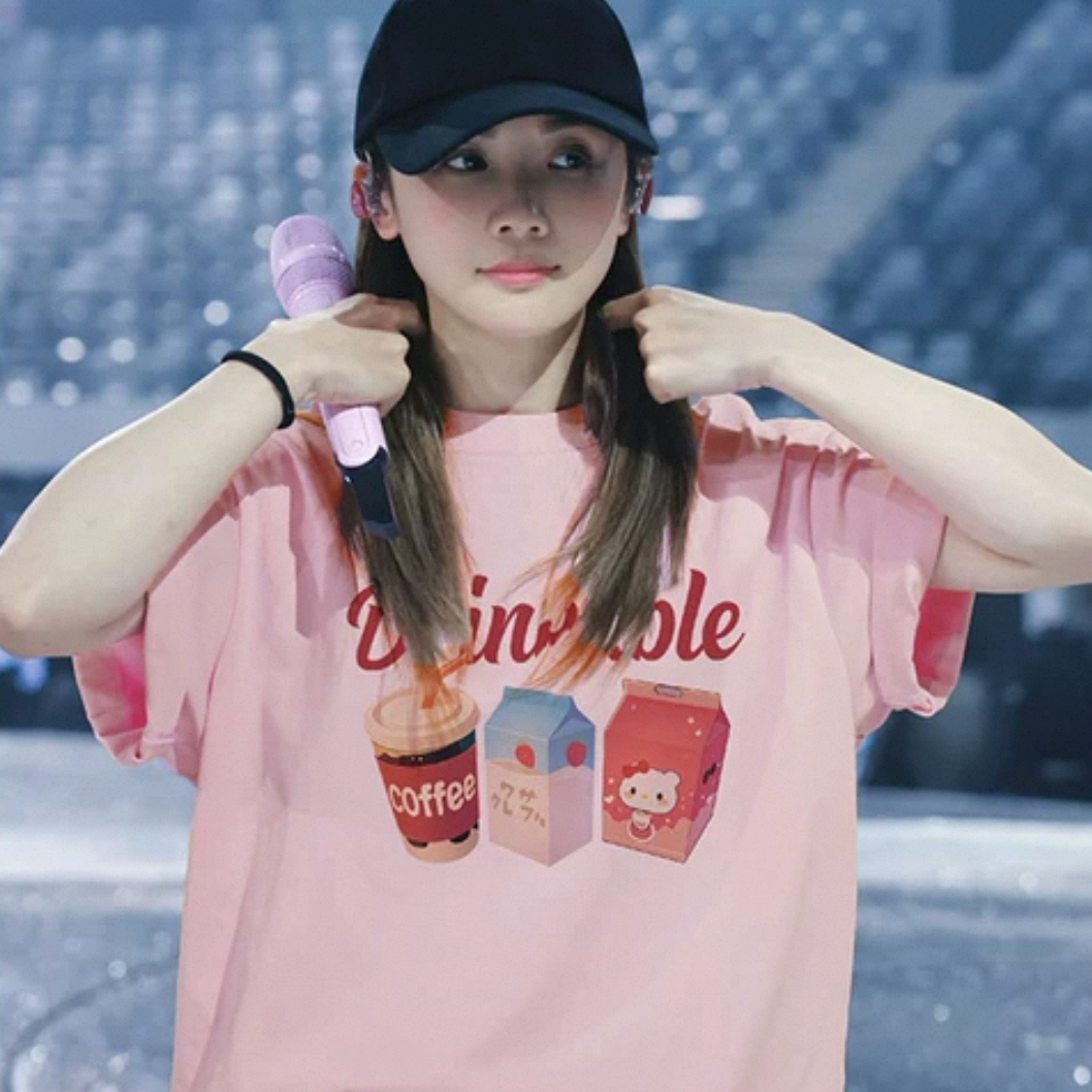 日本代购阿Sa蔡卓妍同款粉色夏季短袖T恤女夏季宽松多巴胺独上衣