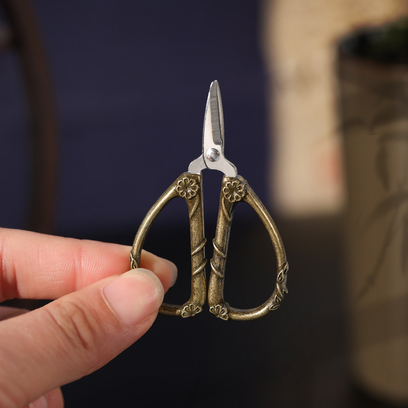 复古雕花手柄小剪刀便携式泡茶袋小剪刀迷你中式家用多功能茶道剪