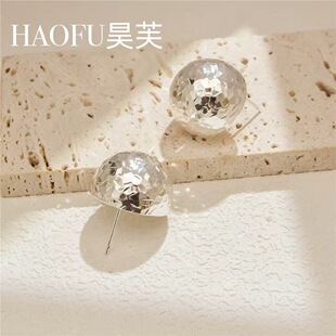 夸张金属超闪半圆球耳环灿若星河925银针大号圆形闪片耳钉耳饰品