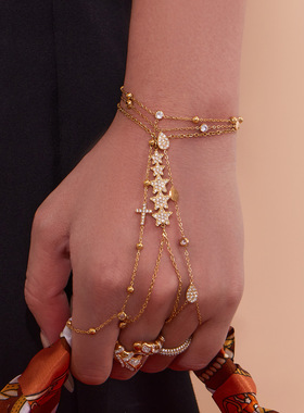 琼瑶 轻奢华丽不锈钢镶5A锆石手背链镀18k真金女款手链欧美风饰品