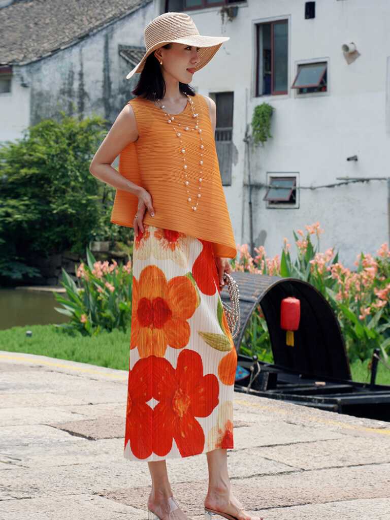 女夏御姐夏天三宅两件套时尚休闲T恤高腰开叉宽松无袖上衣半裙