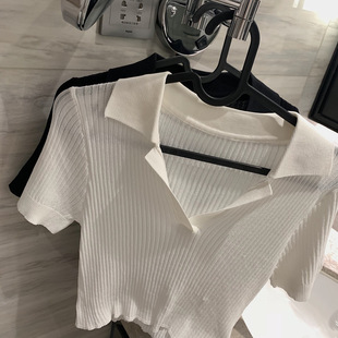 气质polo领V型高弹力针织小衫女2022夏季新品高腰短袖纯色打底T恤