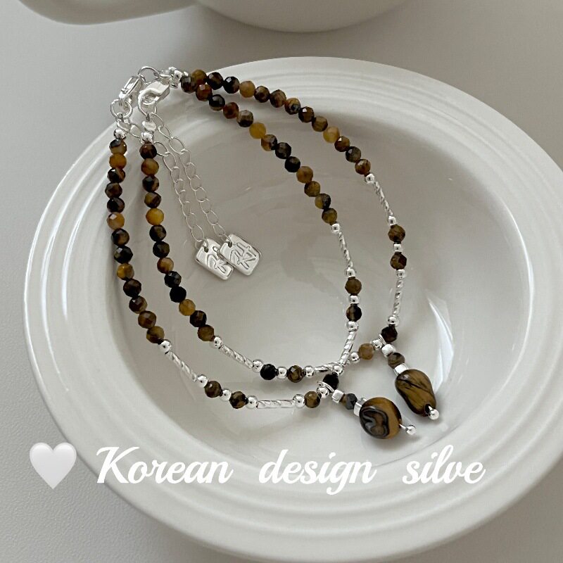 韩国ins风秋季新款饰品S925纯银 椭圆琥珀切面琥珀竹节手链高级感