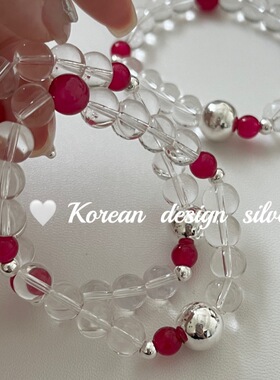 韩国ins风小众简约清新手饰品 S925纯银非天然红水晶透明弹力绳