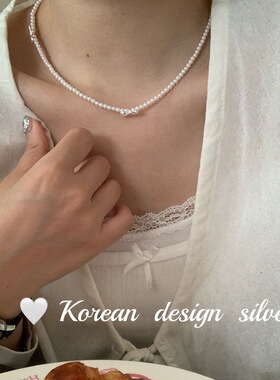 韩国ins风小众精致锁骨链S925纯银 三个镂空蝴蝶结珍珠项链