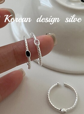 韩国小众ins风 S925纯银椭圆粉水晶黑合成立方氧化锆华夫格戒指