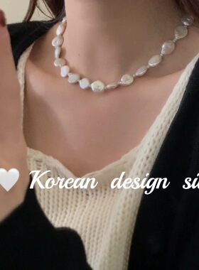 韩版小众简约设计 饰品扁巴洛克珍珠拼接项链叠戴ins风高级