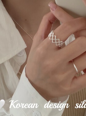 韩国亮银时尚饰品 S925纯银开口镂空菱格戒指 可调节女简约指环
