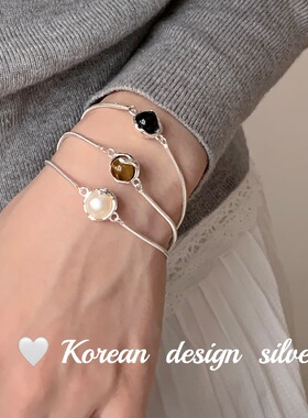 韩国东大门小众亮银饰品 S925纯银 半包珍珠黑玛瑙手链精致高级感