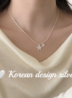 韩系甜美小众设计感银饰 S925纯银简约竖条纹小花项链女高级感ins