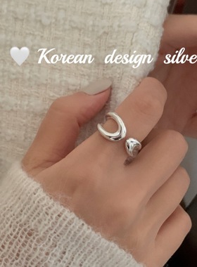 韩国东大门个性冷淡风亮银饰品 S925纯银简约镂空水滴戒指高级感