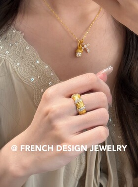 法式拉丝布契风手工拉丝指环S925纯银  拉丝织纹锆石戒指华丽轻奢