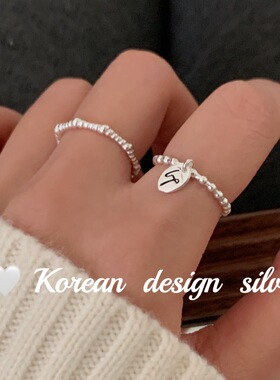 韩版Ins风设计银饰品 S925纯银个性椭圆英文吊坠圆珠拼接戒指