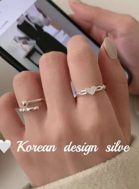 韩国Ins风小众设计银饰品 S925纯银椭圆镂空拼接肌理感爱心戒指
