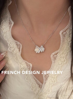 超美法式布契风拉丝锁骨链S925纯银镶钻蝴蝶结项链优雅礼服配