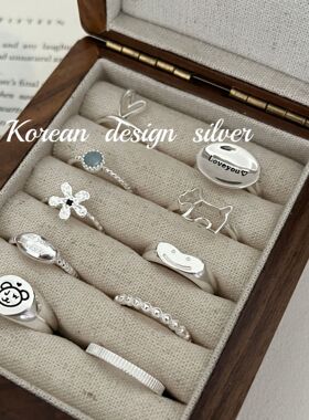 韩国925纯银几何花朵海蓝宝开口戒指女食指环小众ins冷淡 组合款