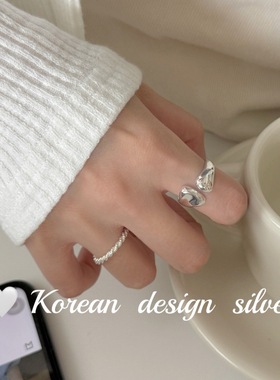 韩国简约亮银饰品 925纯银不规则扁扁肌理感开口戒指高级