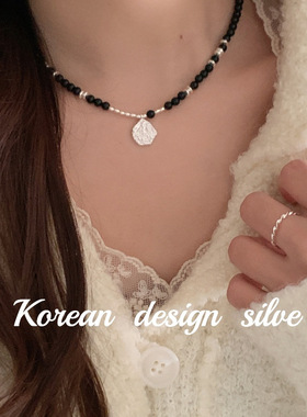 日系韩版手工饰品 s925纯银肌理感圆牌黑玛瑙项链简约叠戴ins