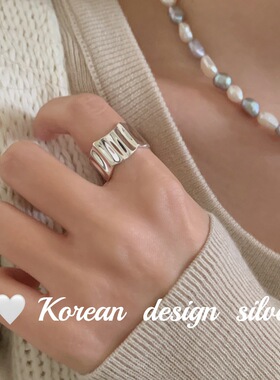 韩国ins风博主同款开口指环 S925纯银褶皱竖条纹戒指百搭款高级感