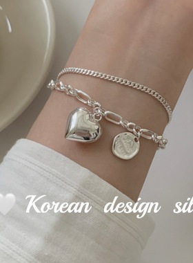 韩国小众精致高级感ins手饰品 S925纯银重工双层爱心英文圆牌
